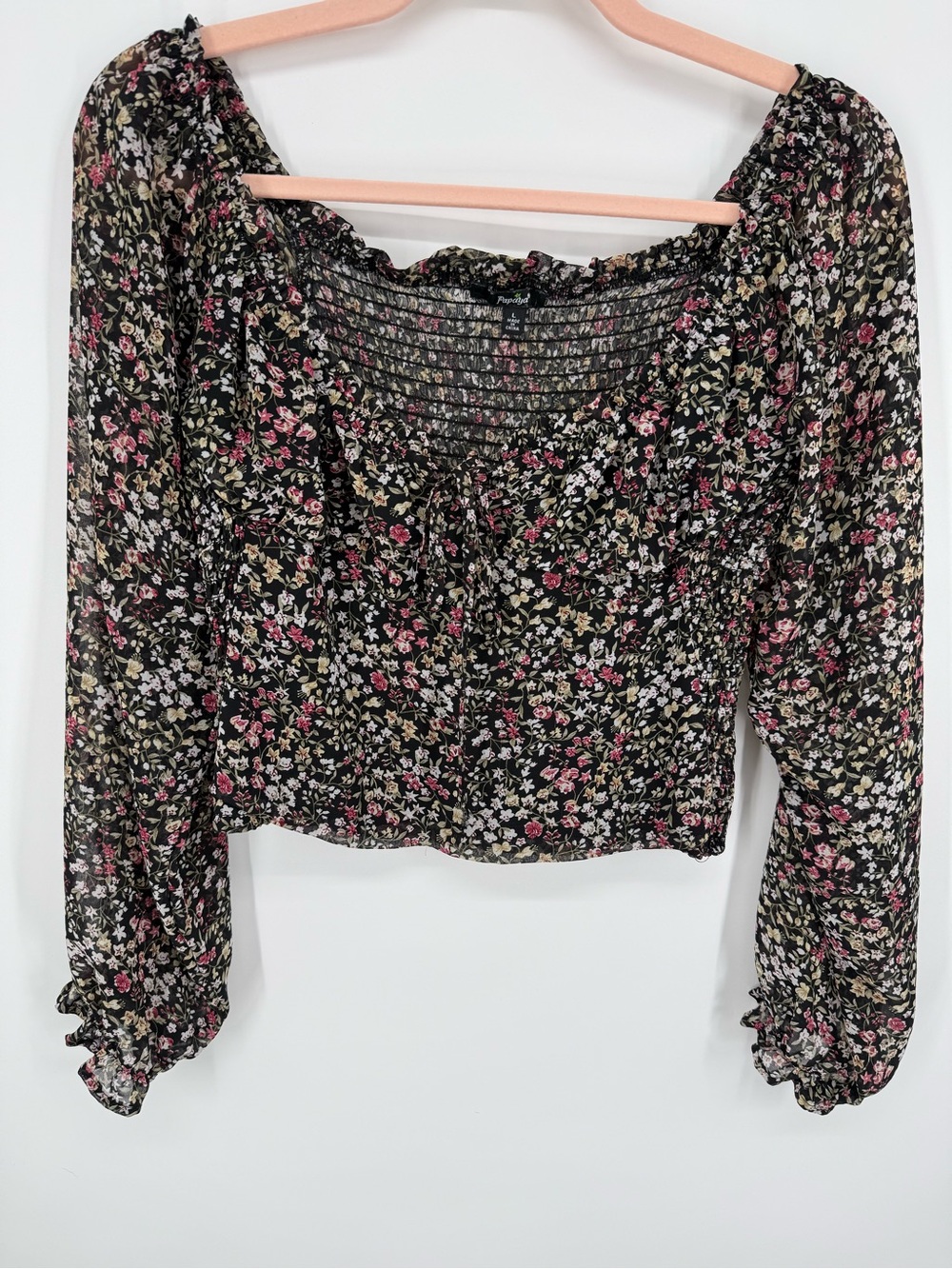Papaya‎ Women Black Floral Crop Top Peasant Boho Long Sleeve Large Cottagecore